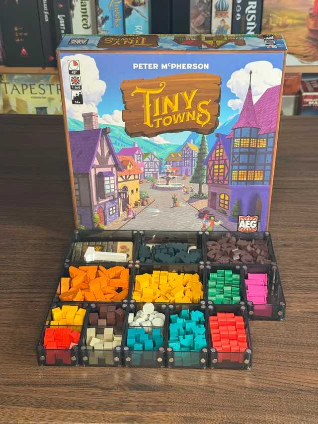Tiny Towns organized in a Piece Keepers tray